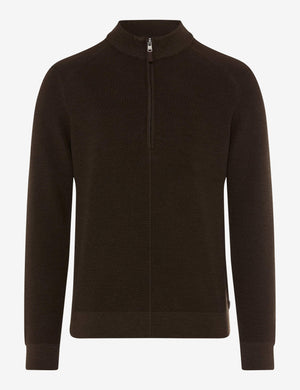 A dark brown ribbed knit quarter-zip sweater with a mock neck collar.