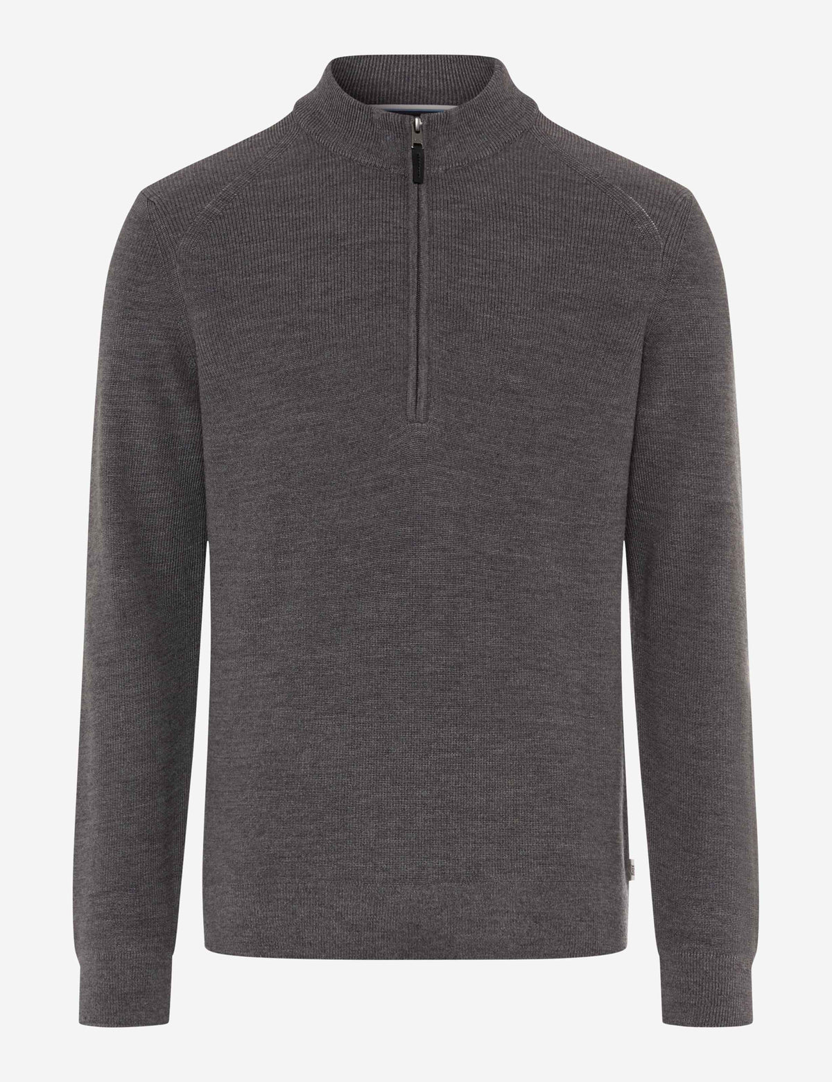 A dark grey heathered quarter-zip pullover sweater with a mock neck collar.