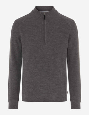 A dark grey heathered quarter-zip pullover sweater with a mock neck collar.