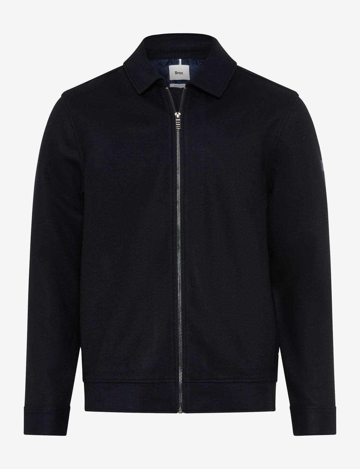 A dark navy blue zip-up jacket with a pointed collar.