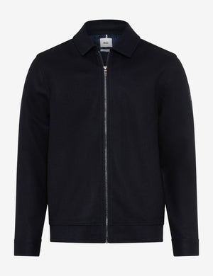 A dark navy blue zip-up jacket with a pointed collar.