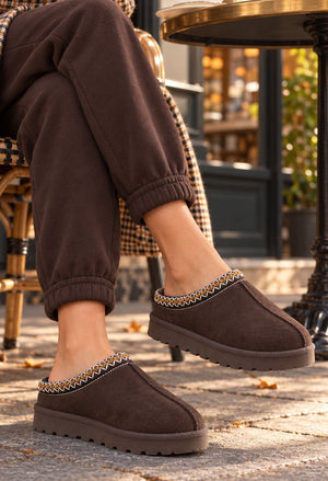chocolate brown slip on boot with embroidered trim