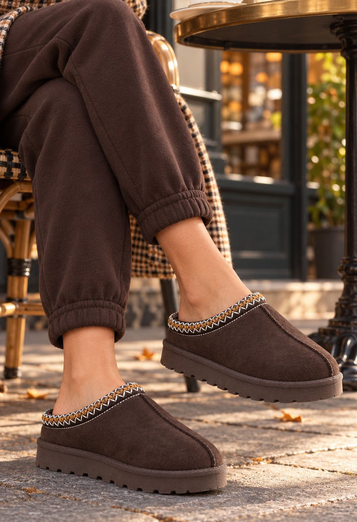 chocolate brown slip on boot with embroidered trim
