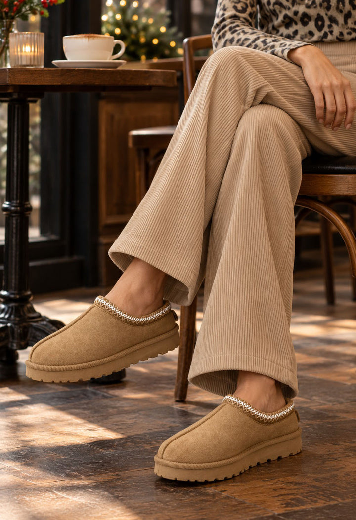 Light camel slip on boot with embroidered trim