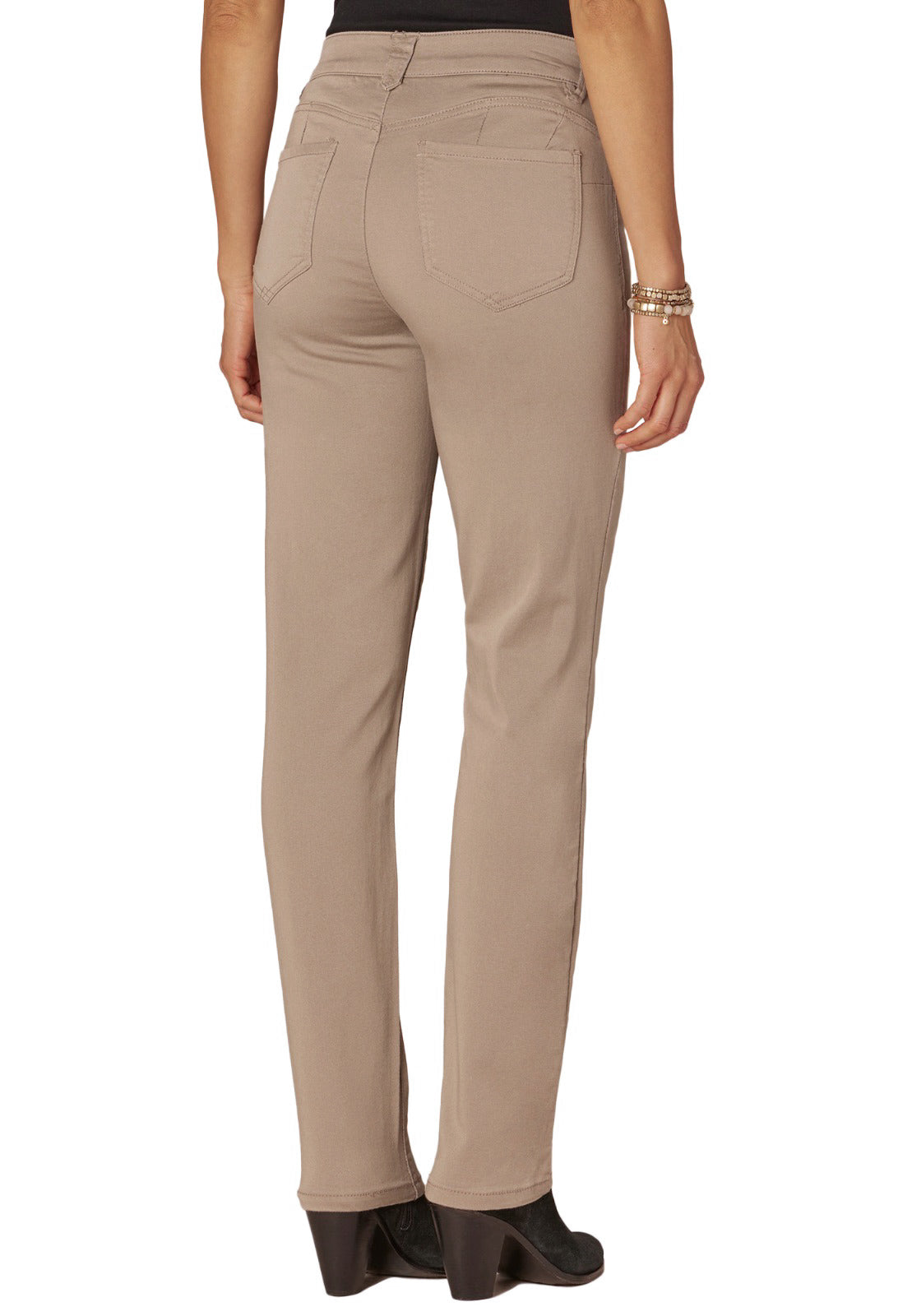 Beige pants worn by a person on a white background