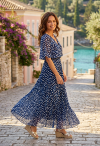 Polka Dot Plisse Pleated Wrap Midi Dress