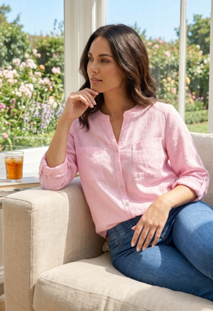 Front Pocket Linen Look Blouse
