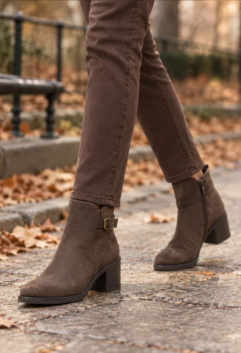 A person wearing brown suede ankle boots with block heels and side buckle details, paired with brown pants, walking on a stone path outdoors with fallen leaves.