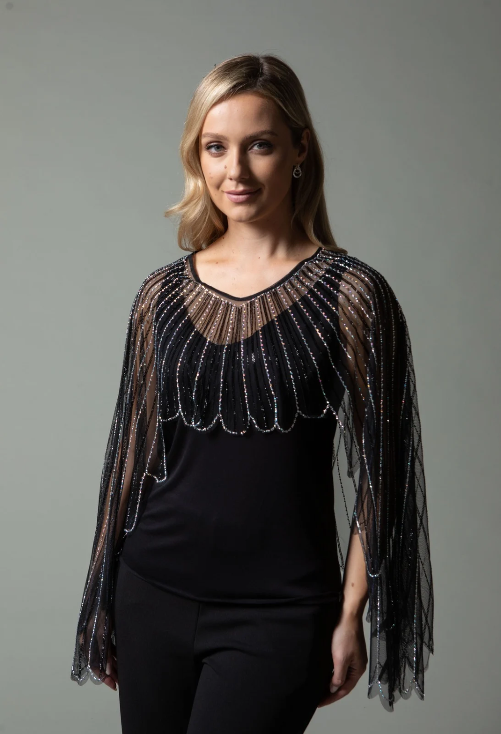 Embellished Mesh Cape Top
