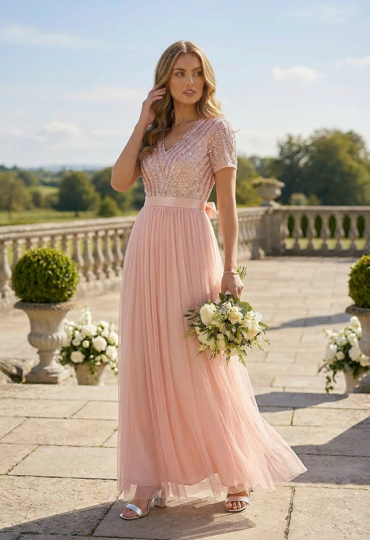 STRIPE EMBELLISHED MAXI DRESS WITH SASH BELT