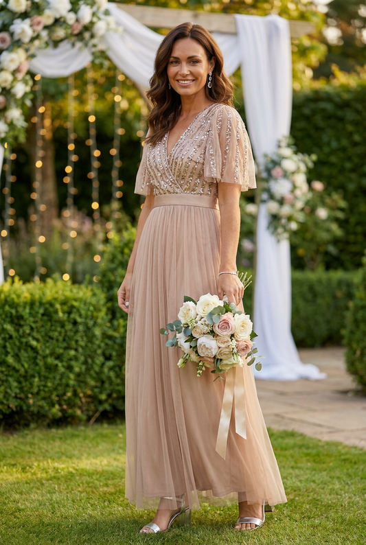 ANGEL SLEEVE EMBELLISHED MAXI DRESS WITH SASH BELT