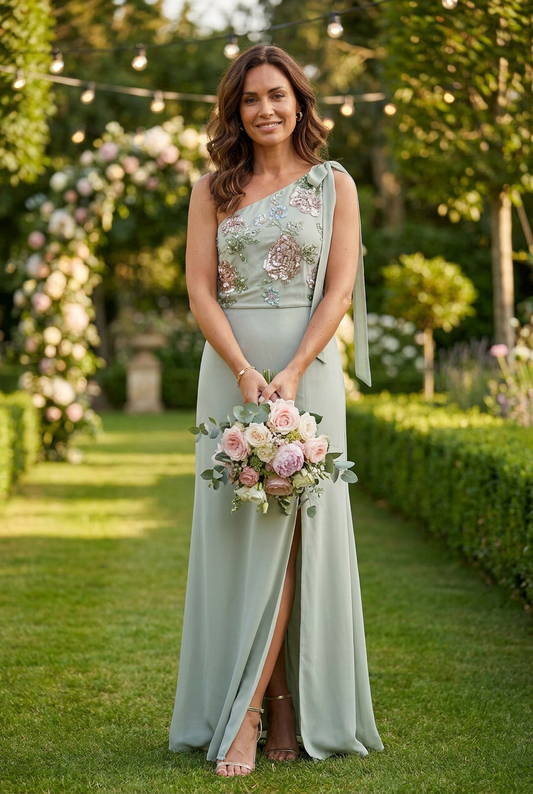 Floral Embellished Self-Tie One Shoulder Maxi Dress