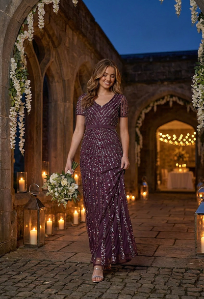 Short Sleeve Stripe Embellished Maxi Dress