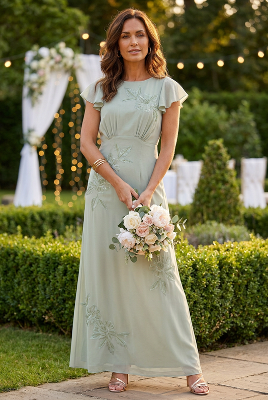Sage Green Floral Embroidered Cowl Back Maxi Dress