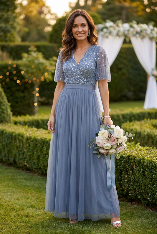 ANGEL SLEEVE EMBELLISHED MAXI DRESS WITH SASH BELT