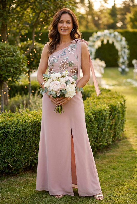 Floral Embellished Self-Tie One Shoulder Maxi Dress