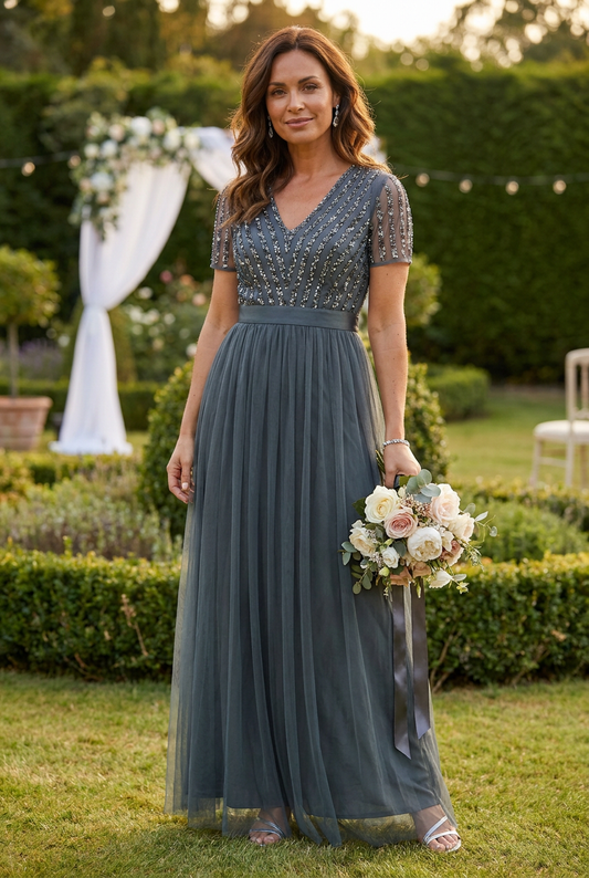 V Neck Sequin and Tulle Dress with Tie Waist