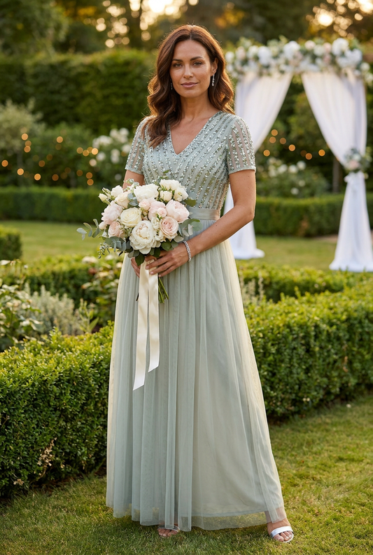 SAGE V NECK SEQUIN AND TULLE DRESS WITH TIE WAIST