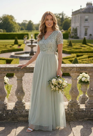 Maya SAGE V NECK SEQUIN AND TULLE DRESS WITH TIE WAIST