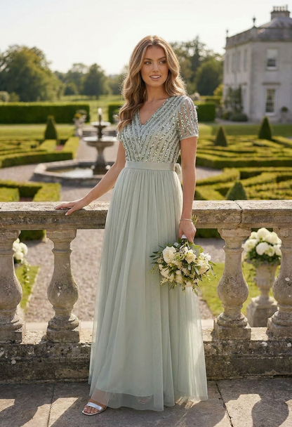 Maya SAGE V NECK SEQUIN AND TULLE DRESS WITH TIE WAIST
