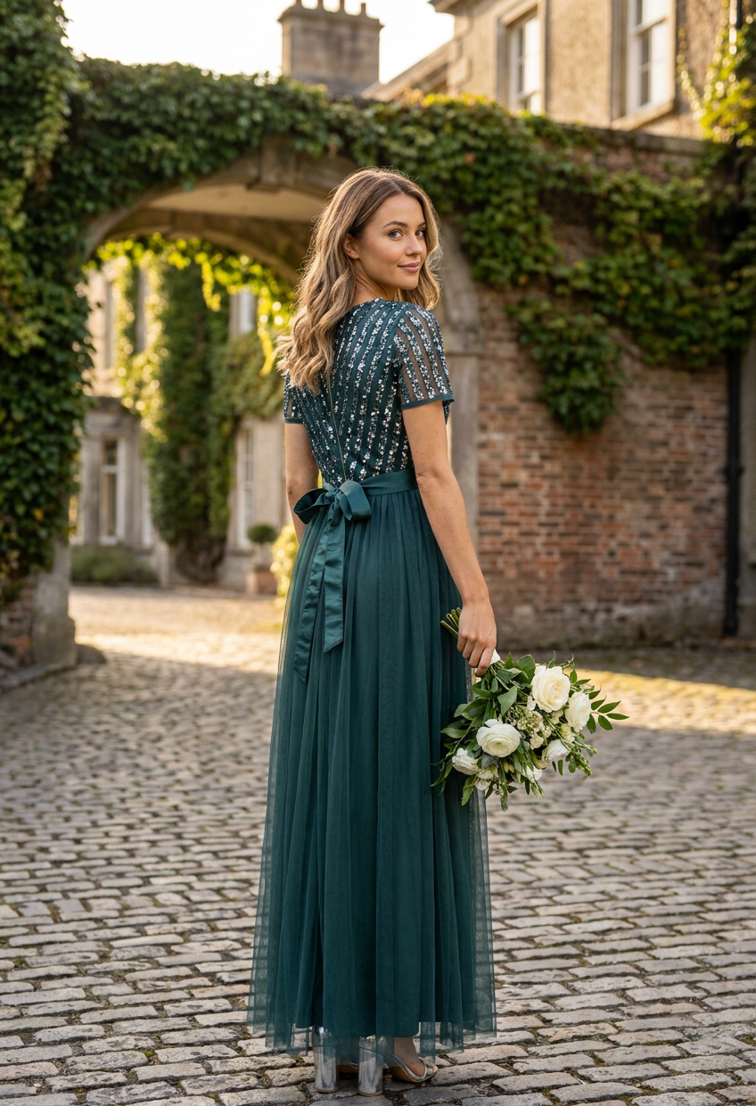 STRIPE EMBELLISHED MAXI DRESS WITH SASH BELT