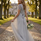 SOFT GREY V NECK SEQUIN AND TULLE DRESS WITH TIE WAIST