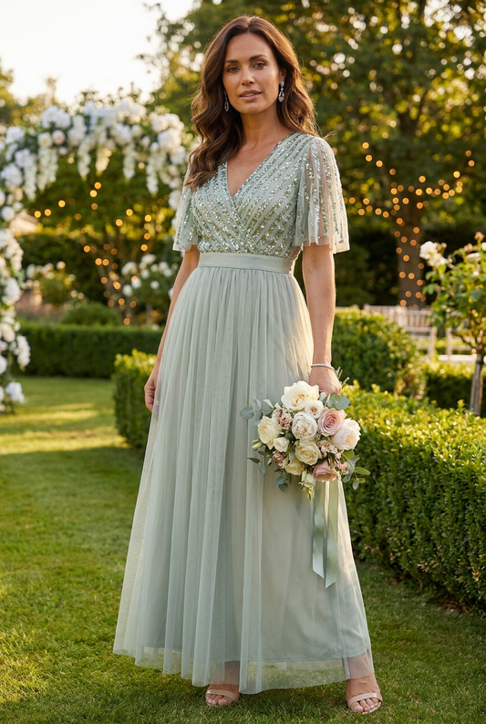 ANGEL SLEEVE EMBELLISHED MAXI DRESS WITH SASH BELT