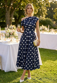 Betty Asymmetric Polka Dot Midi Dress