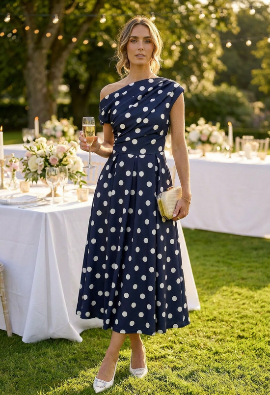 Betty Asymmetric Polka Dot Midi Dress