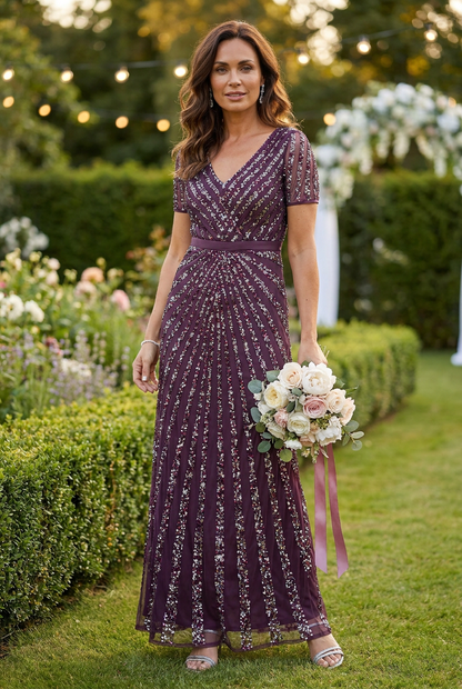 Short Sleeve Stripe Embellished Maxi Dress