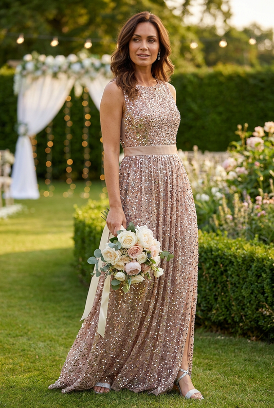 Blush Full Length Sequin Dress with Leg Slit