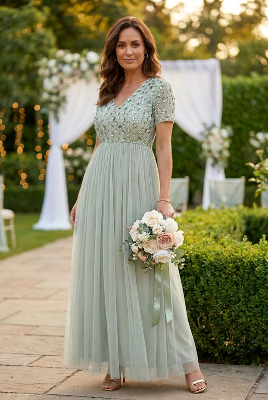 Floral Embellished Short Sleeve Maxi Dress