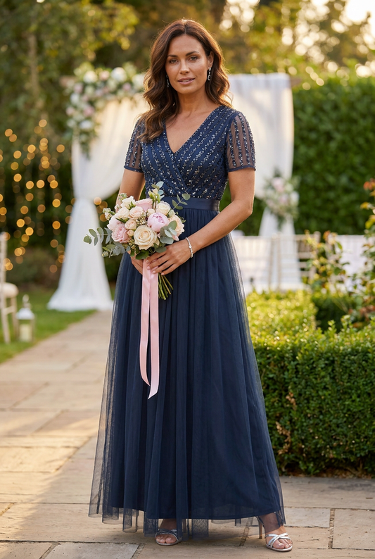 NAVY V NECK SEQUIN AND TULLE DRESS WITH TIE WAIST