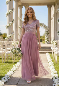 Lotus Pink V NECK SEQUIN AND TULLE DRESS WITH TIE WAIST