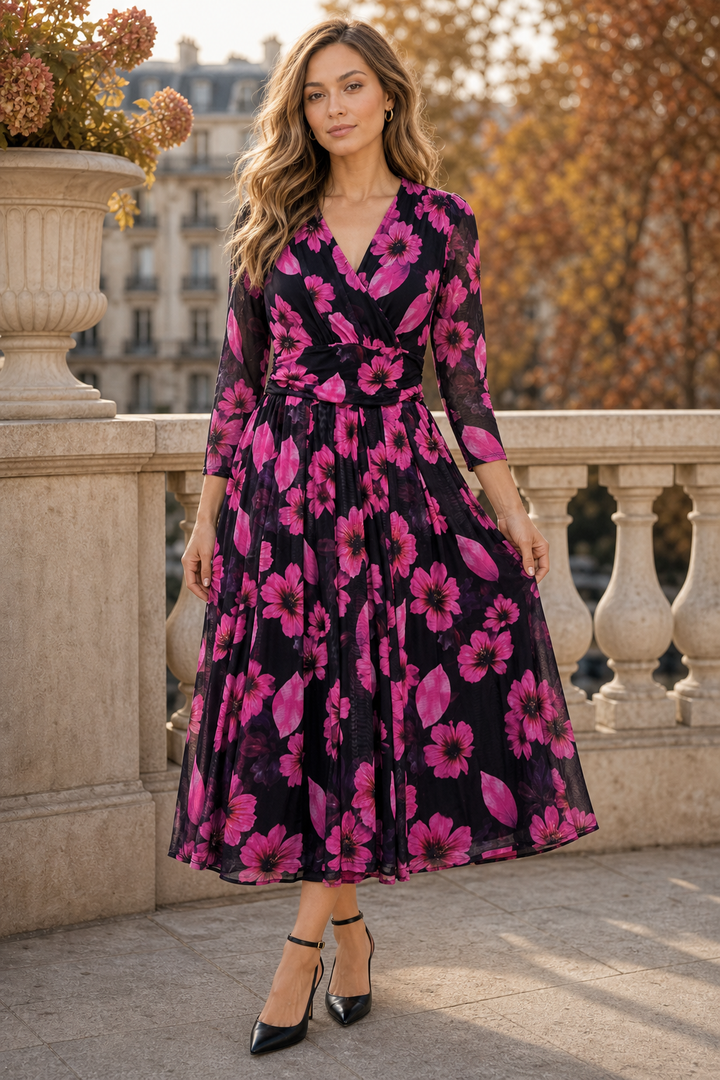 Floral Mesh Wrap Dress