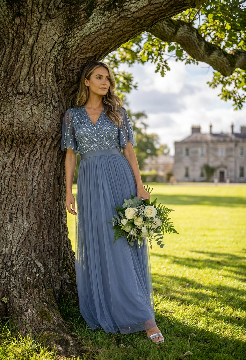 ANGEL SLEEVE EMBELLISHED MAXI DRESS WITH SASH BELT