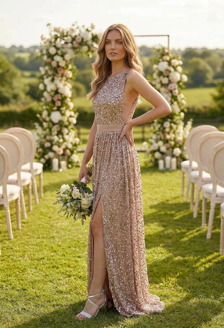 Blush Full Length Sequin Dress with Leg Slit