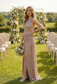 Blush Full Length Sequin Dress with Leg Slit