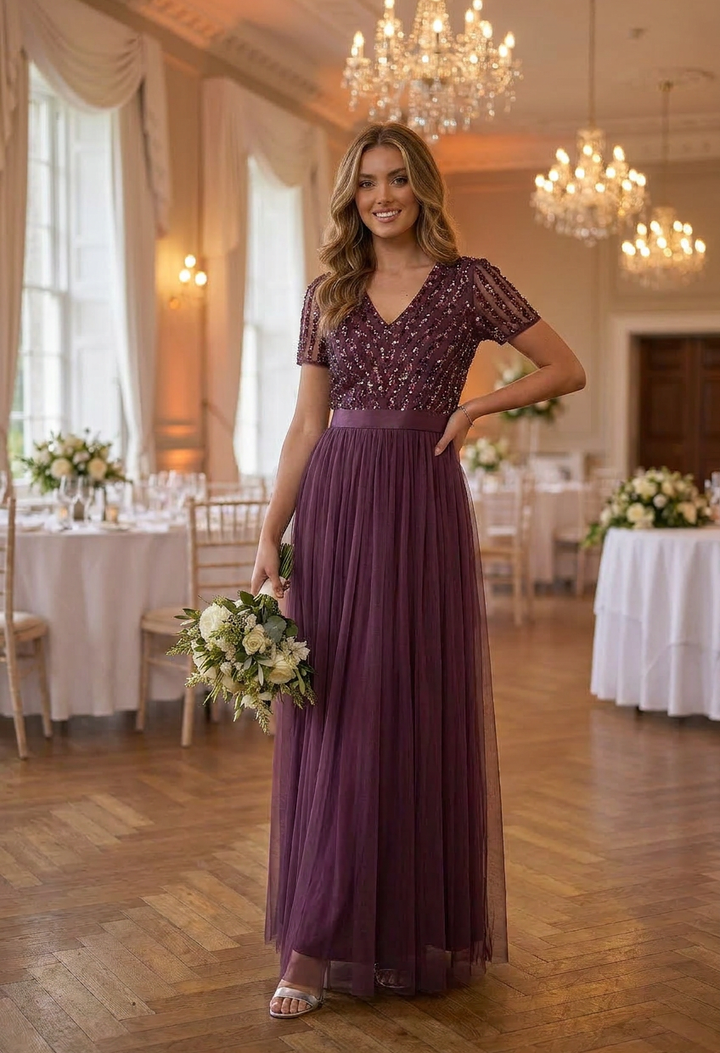 Berry V NECK SEQUIN AND TULLE DRESS WITH TIE WAIST