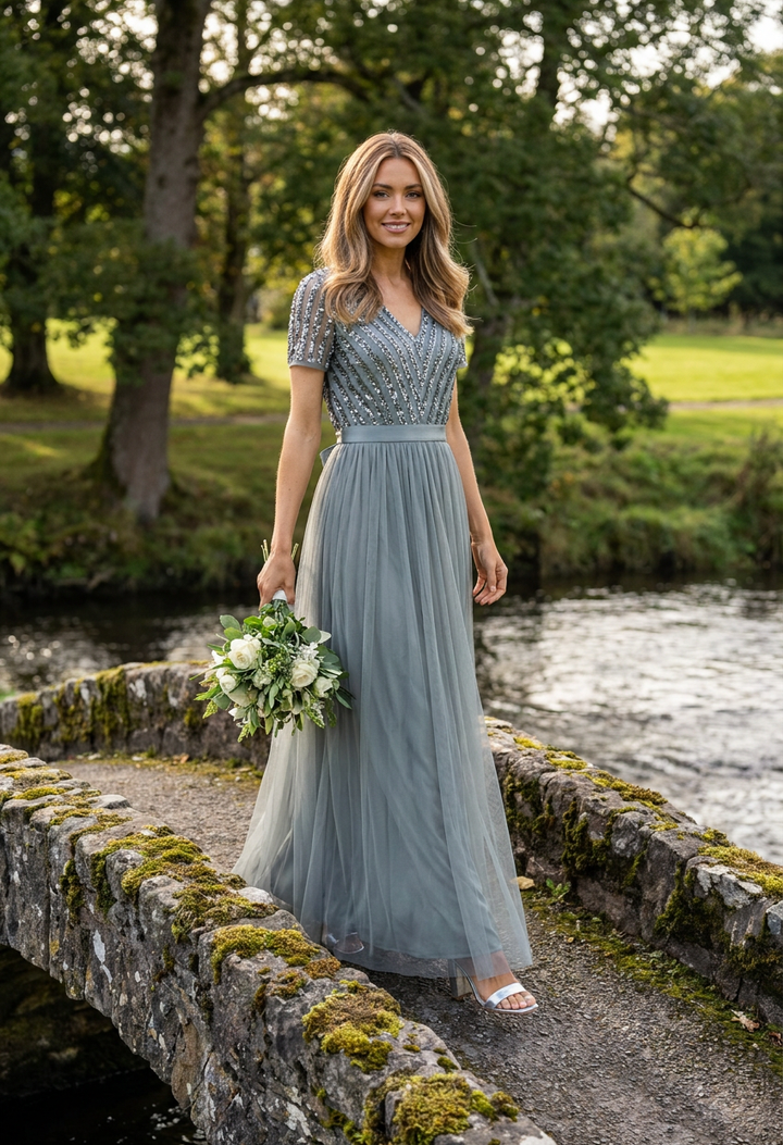 MISTY GREEN V NECK SEQUIN AND TULLE DRESS WITH TIE WAIST