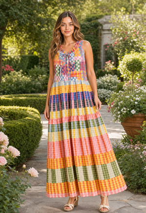 Woman wearing a colorful checkered dress in a garden setting