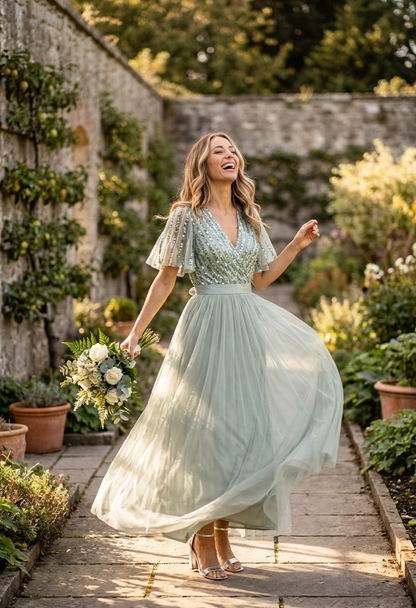 ANGEL SLEEVE EMBELLISHED MAXI DRESS WITH SASH BELT