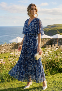 Polka Dot Plisse Pleated Wrap Midi Dress