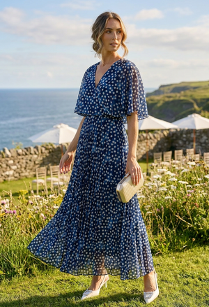 Polka Dot Plisse Pleated Wrap Midi Dress