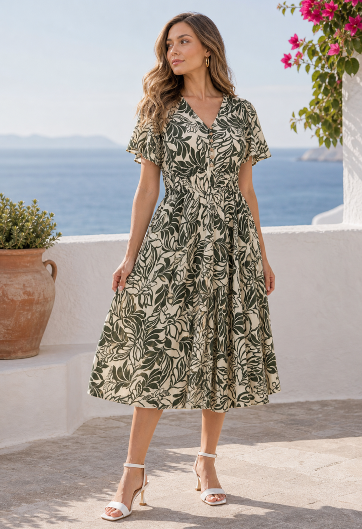 Leaf Print Angel Sleeve Dress