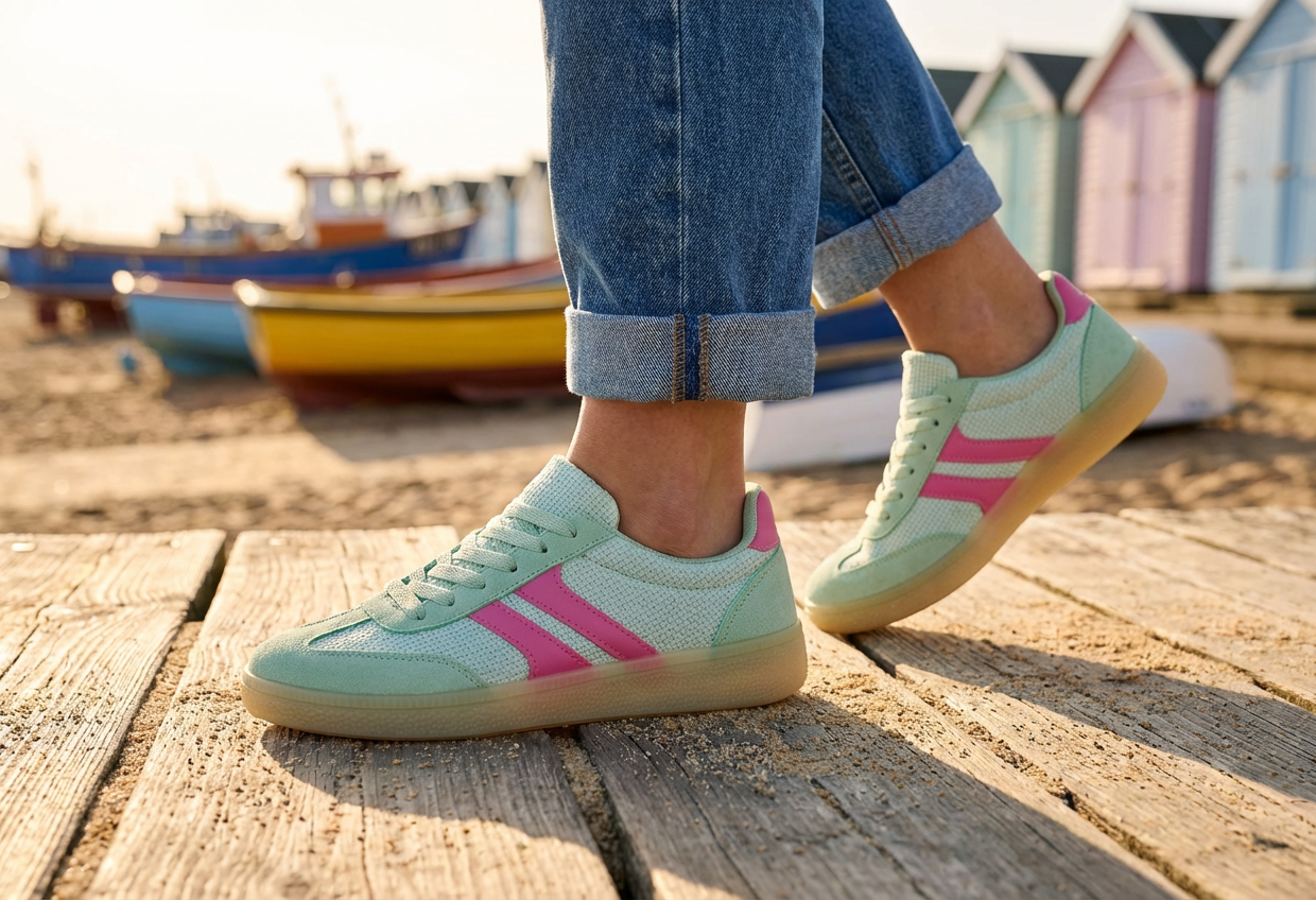 Person wearing light green and pink sneakers on a wooden boardwalk with colorful houses in the background.