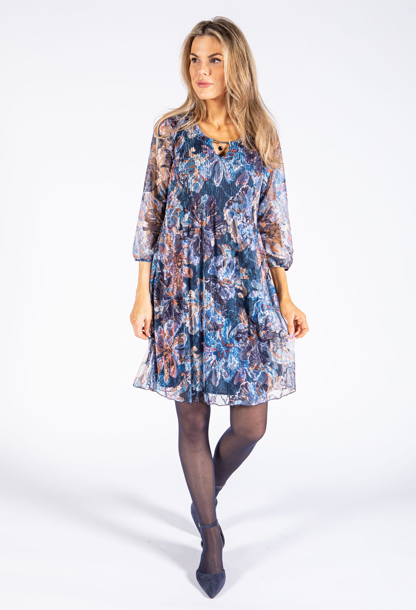 Printed Lace Plisse Pleat Dress