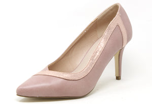 A pink pointed toe heel with metallic detail and a slim heel.
