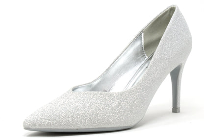 A high-heeled shoe with a pointed toe and glitter finish in a silver color.