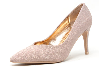 A high-heeled shoe with a pointed toe and glitter finish in a champagne color.